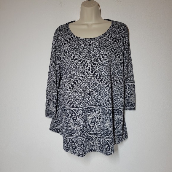 Lucky Brand Womens Sz‎ 1X Blue Paisley Peasant Top Blouse Boho Hippie - Picture 1 of 10